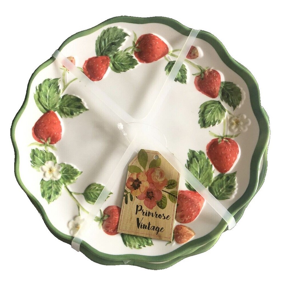 Primrose Vintage Strawberry Melamine 6.5" Dessert Plates Set of 4 Scallop Summer